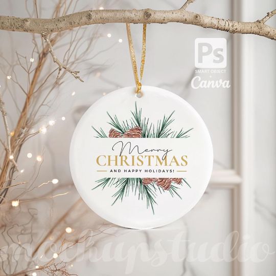 Discover Christmas Ornament Mockup: Round Ceramic Decoration PSD and PNG Digital Mock-up