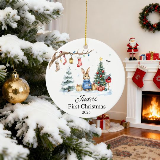 Personalized Baby's First Christmas Bauble, Cute Rabbit 1st Christmas Ornament for Newborn Keepsake, New Baby Christmas Bauble Gift