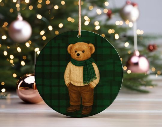 Discover Plaid Teddy bear Ceramic Ornament, Cute Holiday Decoration, Cozy Home Decor, Christmas Tree Ornament, Seasonal Fall Decor