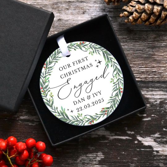 Discover First Christmas Engagement Bauble, Engaged Christmas Tree Ornament, Engagement Keepsake Gift, Personalised Ceramic Decoration