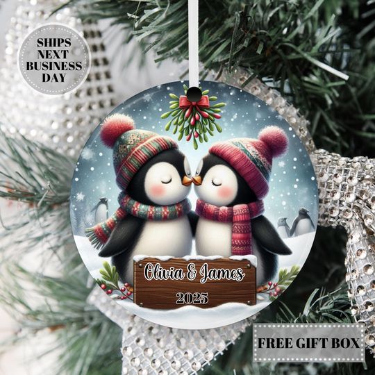 Discover Personalized Kissing Penguins Ornament: Custom Ceramic Christmas Decoration