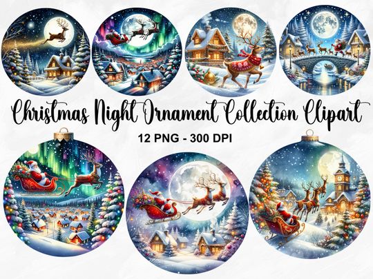 Discover Watercolor Christmas Night Ornament Collection Clipart, 12  Christmas  , Round Ornament  , Christmas Village  , Commercial Use