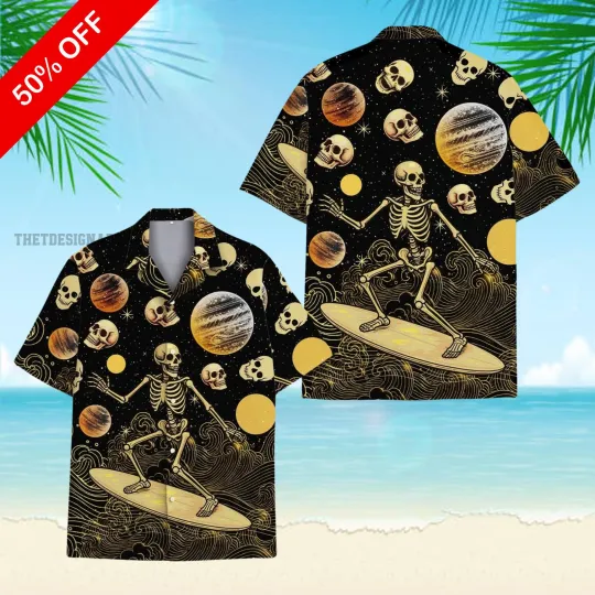 Skeleton Surfing Hawaiian Shirt for Men Women