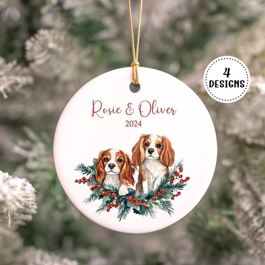 Discover Custom Cavalier King Charles Spaniel Christmas Ornament, 2 Cavaliers Xmas Ornament, Personalized Watercolor Dog Ceramic Ornament *4 Designs*