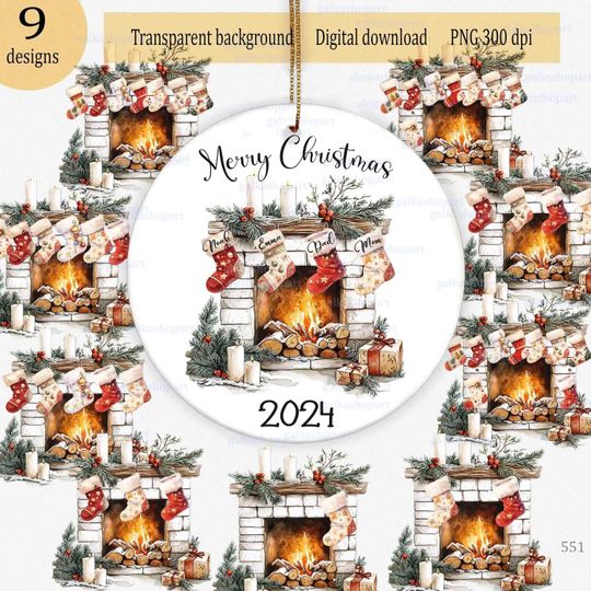 Discover Watercolor Xmas Fireplace  Personalized Family Stockings Design, Add Names, Christmas Clipart for Custom Ornaments or Gifts