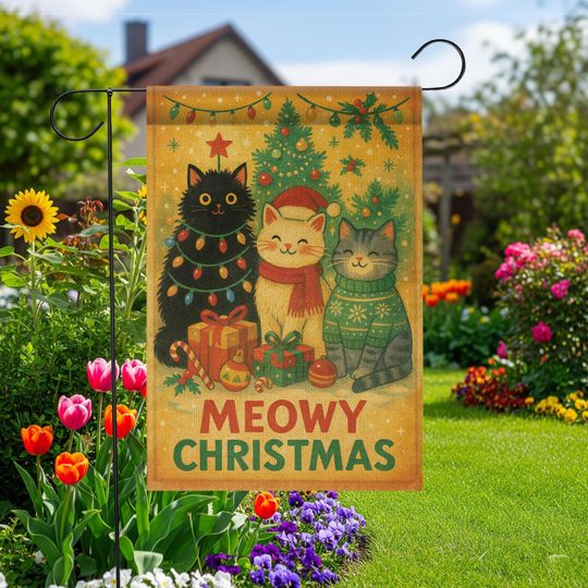 Discover Meowy Christmas Garden Flag  Holiday Outdoor Cat Lover Yard Decoration