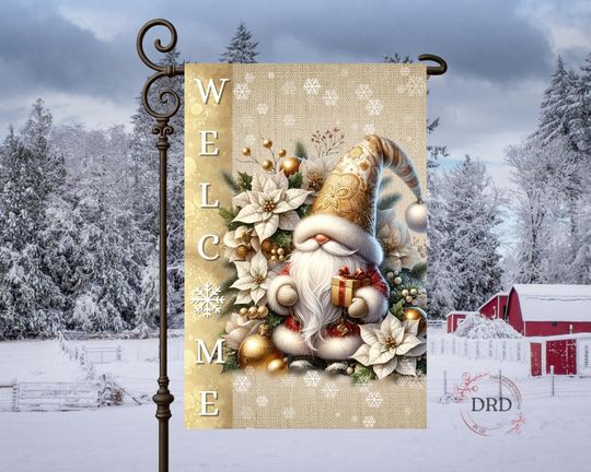 Discover Christmas Gnome Welcome Garden Flag PNG, Winter Holiday Flag Design Digital Download, Sublimation PNG for Yard Decor, Gnome Yard Flag