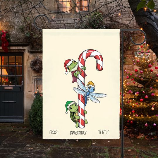 Candy Cane Anti Trump Christmas Garden Flag House Banner, Frog Dragonfly Turtle, Holiday Weirdcore, Subtle FDT Resist, Liberal Leftist Flag