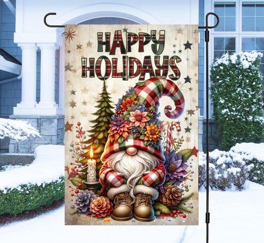 Discover Plaid Christmas Gnome Garden Flag Sublimation Design, Happy Holidays Quote Flag Template, Winter Holiday Print, Festive Floral PNG File