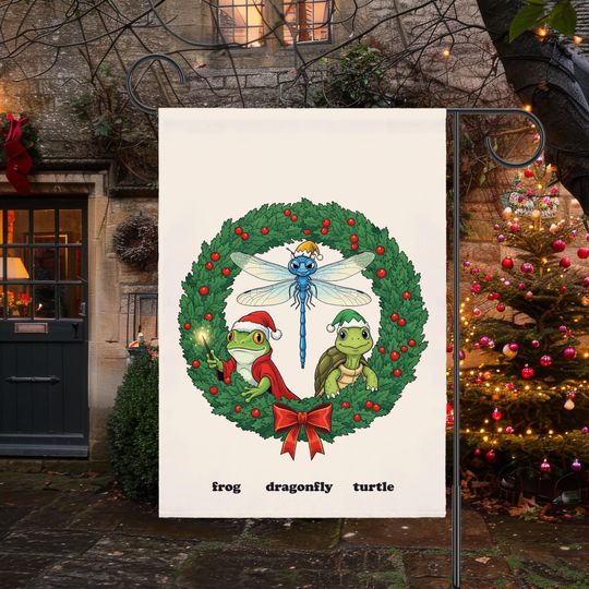 Anti Trump Christmas Frog Dragonfly Turtle Garden Flag, House Banner, Subtle F*ck Trump, Funny Holiday Weirdcore Flag, Double sided