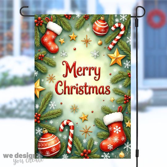 Discover Merry Christmas Garden Flag Sublimation PNG, Holiday Decor Design, 12x18 Flag PNG, Christmas Outdoor Decor, Winter Flag PNG, Winter Decor