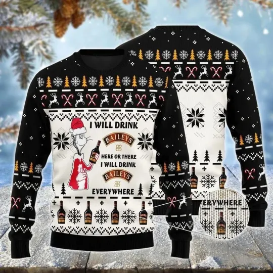 Discover Baileys Cat Hat Will Drink Everywhere Ugly Christmas Sweater