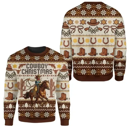 Discover Cowboy Christmas Ugly Sweater Funny Western Holiday Sweatshirt Brown S-5XL