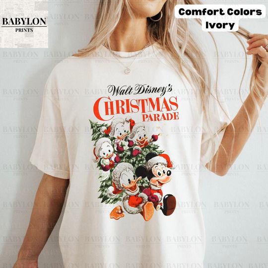 Discover Vintage Disney Christmas T-Shirt with Mickey Mouse, Donald Duck, Huey Dewey Louie and Disneyland Parade Design