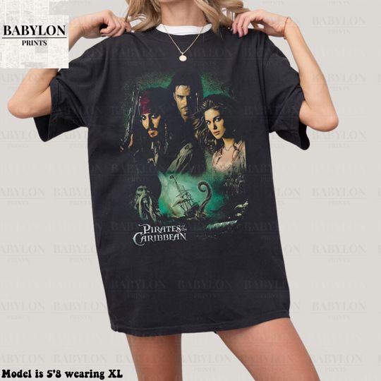 Discover Vintage Pirates of the Caribbean T-Shirt with Jack Sparrow, Will Turner, Elizabeth Swann, and Davy Jones