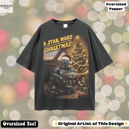 Oversized Mandalorian Grogu Christmas T-Shirt, Star Wars Grogu Holiday Tee, Galaxy's Edge Star Wars Christmas Shirt