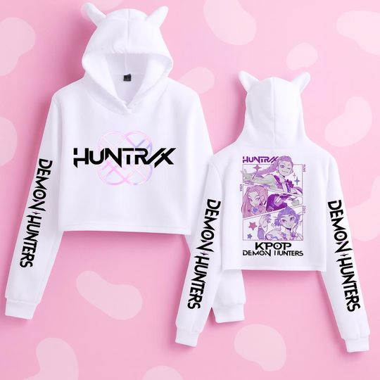 Huntrix Cat Ear Hoodie  K-Pop Demon Hunter Crop Top, Anime Cosplay Sweatshirt, Cute Gift for Her
