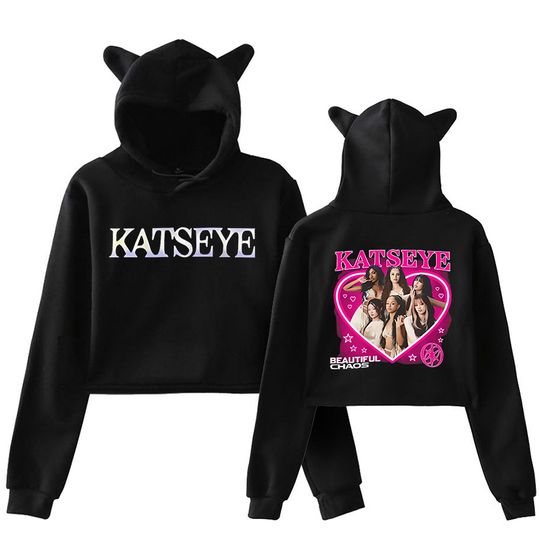 Katseye Funny Print Cropped Hoodies Graphic Cute Cat Ears Crop Tops