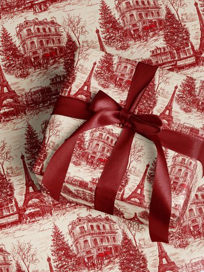 Discover Red Paris Winter Toile Wrapping Paper, Elegant French Christmas Village Gift Wrap, Luxury Holiday Gift Wrap Sheets, Vintage Paris Gift Wrap