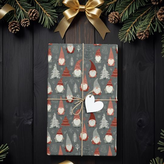 Discover Christmas Gnome Wrapping Paper, Whimsical Holiday Gift Wrap with Red Hats & Snowy Trees, Cute Nordic Gnome Christmas Packaging K6