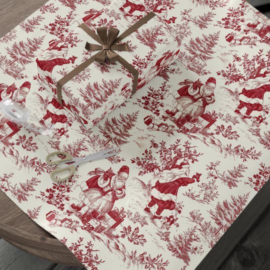 Discover Vintage Red Toile Christmas Gift Wrap with Santa, Wrapped Presents, and Holiday Forest for Classic Winter Present Wrapping