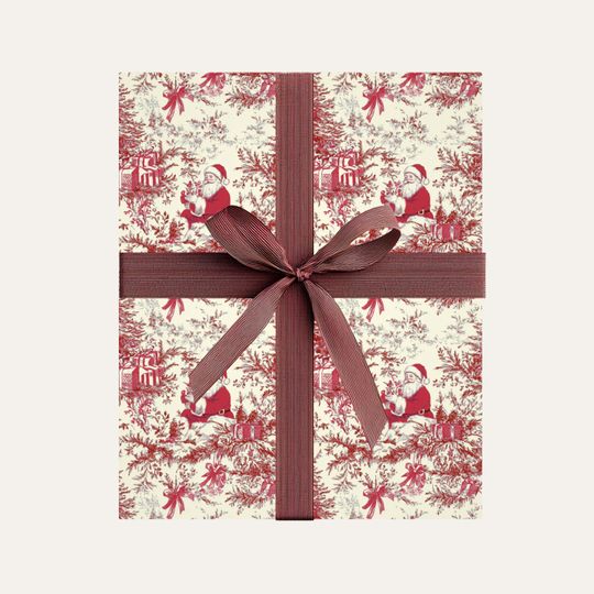 Discover Vintage Red Santa Toile Gift Wrap, French Country Christmas Wrapping Paper, Elegant Holiday Packaging, Ralph Lauren Style Holiday