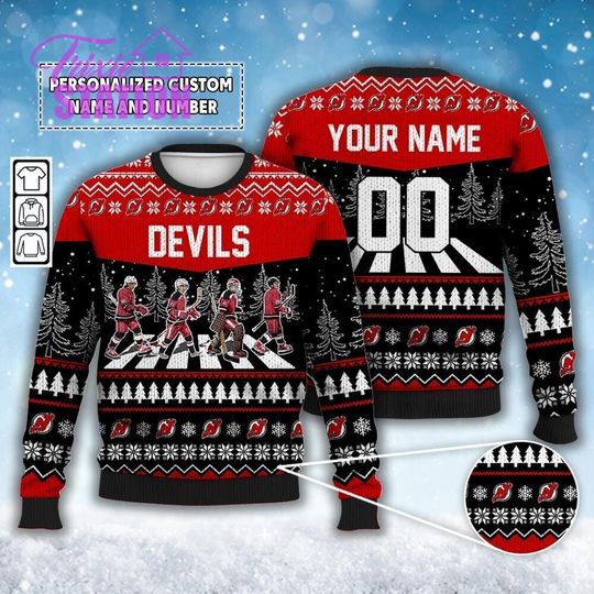 Custom Devils Walking Abbey Road Ugly Christmas Sweater Ice Hockey Hoodie, Jack Hughes, Luke Hughes, Vanecek, Meier, New Jersey