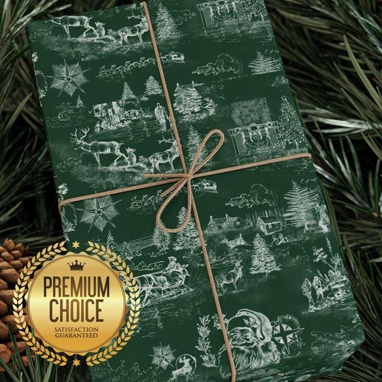 Forest Green Vintage Santa Claus Toile Style Christmas Wrapping Paper, Dark Green and White Toile Holiday Gift Wrap for Xmas Presents