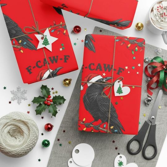 Discover FCawF crow Christmas Wrapping Paper: Holiday Party Gift Wrap, Secret Santa present, Xmas dark humor