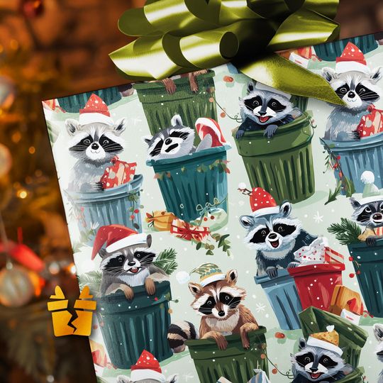 Trash Panda Raccoon Christmas Wrapping Paper - Funny Holiday Gift Wrap with Coon in Garbage Cans and Santa Hats