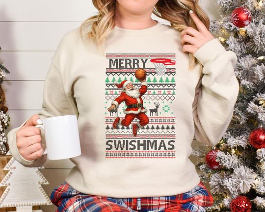 Discover Merry Swishmas Football Sweatshirt, Ugly Christmas Basketball Jumper, XMAS Sports Hoodie, Ugly Basketball Sweatshirt, Swishmas Hooded Shirt