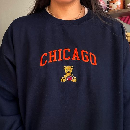 Discover Embroidered Chicago Football Sweatshirt | Vintage Bear Crewneck |  Cozy Orange and Navy Pullover UNISEX