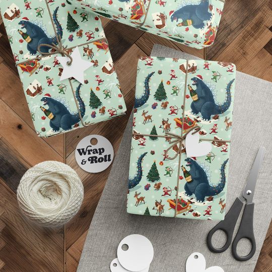 Funny god zilla Christmas Wrapping Paper | Kaiju North Pole Gift Wrap | Monster Holiday Paper | All Occasion Humor