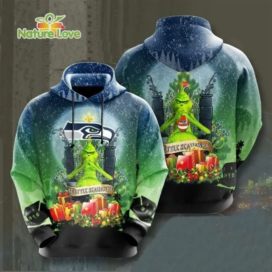 Discover Seattle Xmas funny character Seahawks 3D Graphic Hoodies Grin Football Hoodie