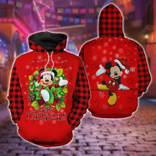 Discover Mickey Santa Merry Christmas Festive Winter Holiday Red Plaid Hoodie 3D Printed