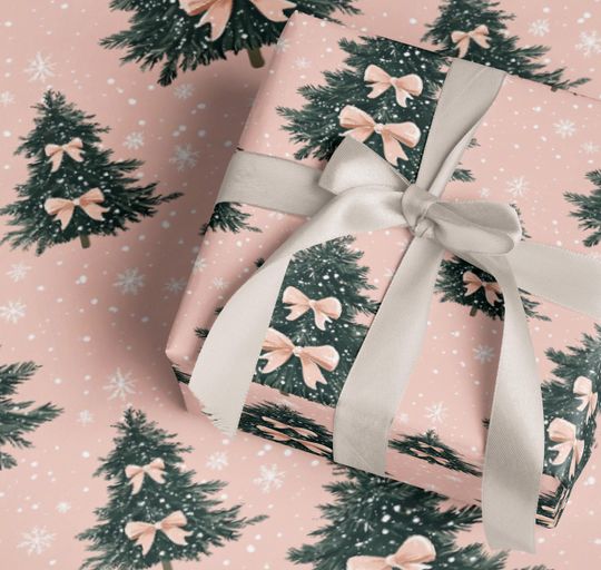 Discover Christmas Gift Wrap Paper Christmas Tree Pink Bow Retro Xmas Decoration Green Wrapping Paper Holiday Gift Wrap Wrapping Paper Roll