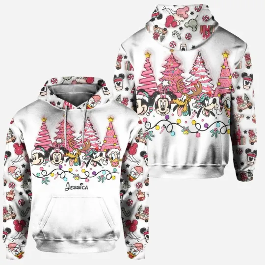 Discover Custom Name Mickey & Friends Pink Christmas Tree Happy Holiday Hoodie 3D Printed