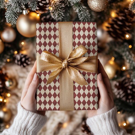 Discover Red Cream Harlequin Christmas Wrapping Paper | Vintage Diamond Pattern Gift Wrap | Rustic Holiday Gift Paper | Farmhouse Christmas Decor