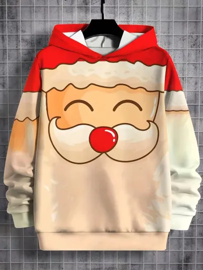 Discover Cute Santa Face Hoodie 3D Christmas Cartoon Holiday Sweatshirt Pullover Unisex