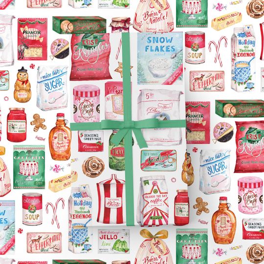 Discover Santa's Pantry Wrapping Paper Sheets | Christmas Food Wrapping Paper | Funny Wrapping Paper | Holiday Food Gift Wrap | Watercolor Christmas
