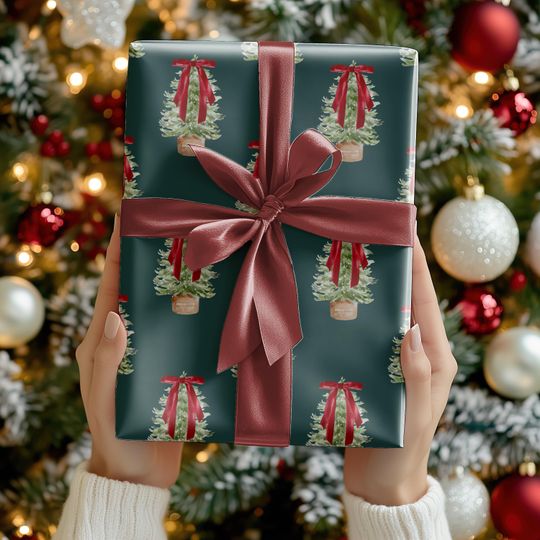 Discover Christmas Tree Wrapping Paper, Red Bow Holiday Gift Wrap Roll, Trendy Christmas Aesthetic, Modern Classic Christmas Decor