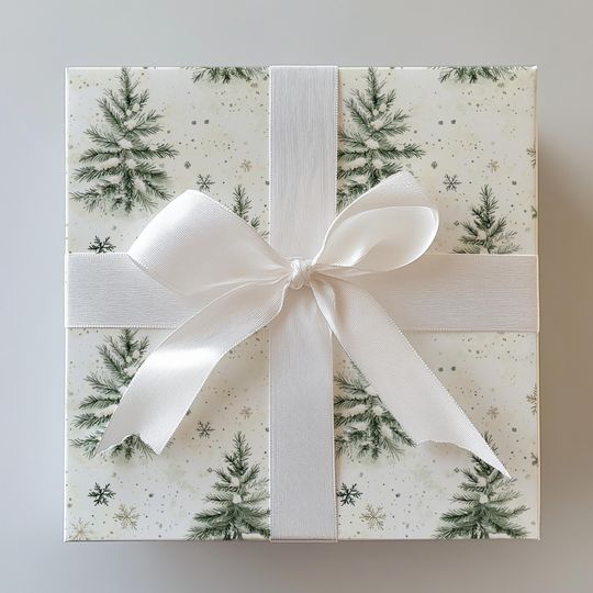 Discover Luxury Christmas Wrapping Paper Roll, Green Gold Tree Gift Wrap, Elegant Holiday Paper, Snowy Pine Design, Matte or Satin Finish