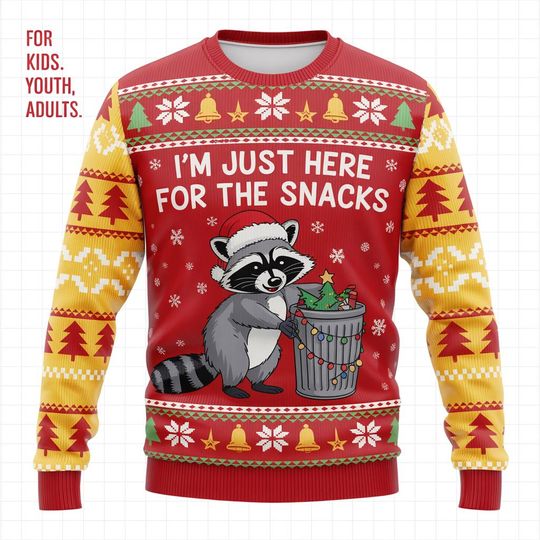 Discover Christmas Raccoon Ugly Sweater, Funny Snack Lover Print Sweater, Xmas Sweater, Holiday Gift