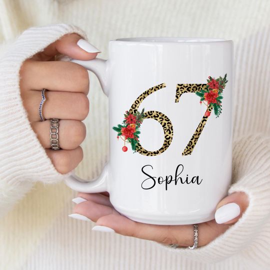 Discover Personalized 67 Meme Christmas Age Mug, Leopard Print Number Mug, Custom Name Holiday Coffee Cup, Floral Xmas Gift for Women, Birthday Mug.