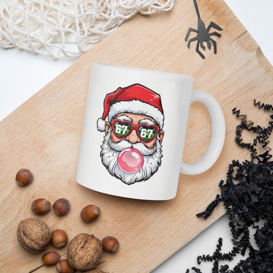 Discover Funny 67 Christmas Santa Mug | Trendy Santa Bubblegum Cup | Holiday Coffee Mug | Cool Santa Heart Glasses | Gen Alpha Christmas Gift