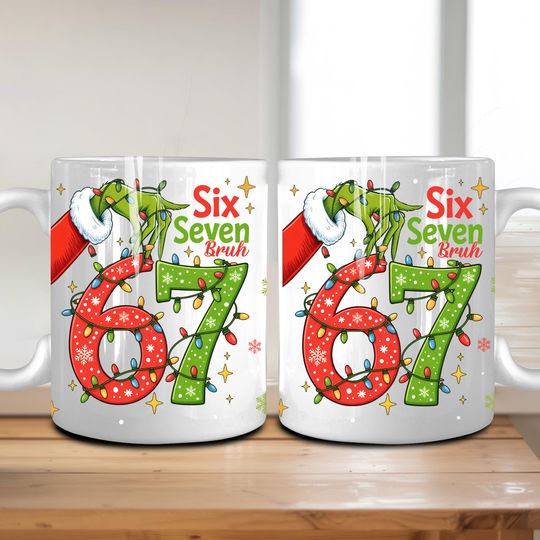 Discover Funny 67 Christmas Mean Guy 11oz Mug Wrap Png, Six Seven Grinc Meme Coffee Mug, Viral Bruh Joke Christmas, Trendy 6 7 Christmas Movie Png