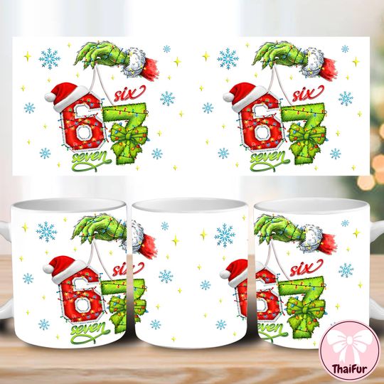 Discover Funny Six Seven Meme Christmas Mug 11oz Wrap PNG, Viral Saying 6 7 11oz Mug PNG, Trending Social Media Humor PNG, Xmas 6 7 Mug Design