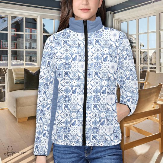 Blue Women's Padded Puffer Jacket with Stand Up Collar, Ladies Puffy Zip Up Winter Coat with Dusty Blue Tile Pattern