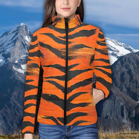 Tiger Inspired Women's Padded Puffer Jacket with Stand Up Collar, Ladies Zip Up Winter Tiger Coat, Bengal Tiger Look Ski Parka