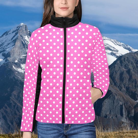 Pink Polka Dot Women's Padded Puffer Jacket with Stand Up Collar, Ladies Zip Up Puffy Winter Coat, Bright Pink Ski Parka